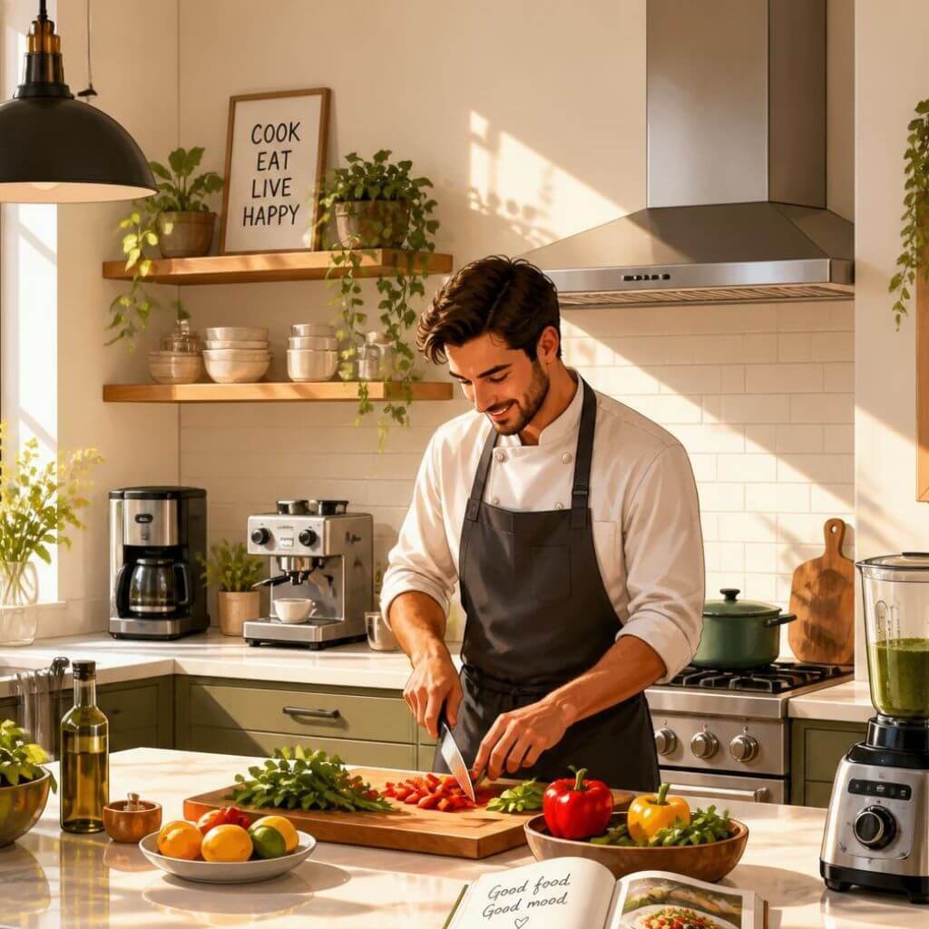 Person cooking with modern appliances, representing Shubh's mission to make everyday tasks easier with the EVIKA mixer grinder